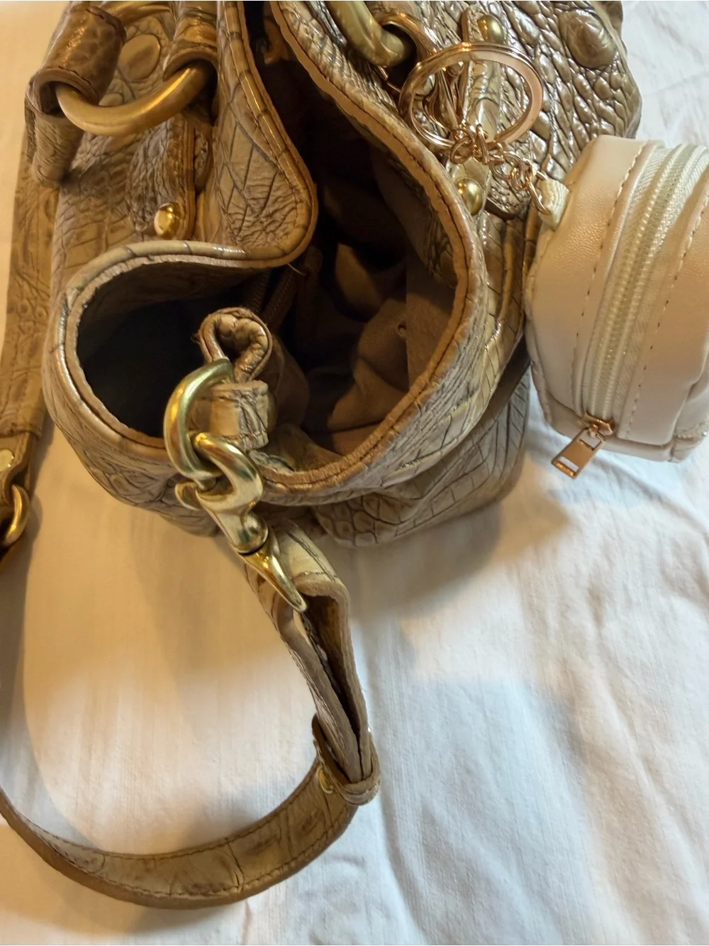 Brahmin Taupe Croc-Embossed Leather Shoulder Bag Free Mini pack back Bag Charm